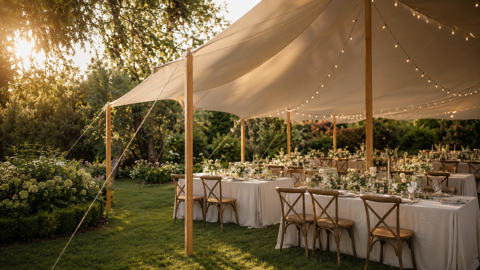 Elegant outdoor reception beneath a sailcloth tent